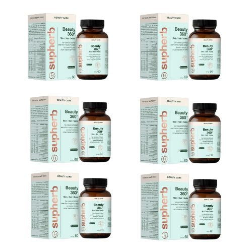 بيوتي 360 | مُركّب حاصل على براءة اختراع | كولاجين وحمض الهيالورونيك | بالإضافة إلى فيتامينات ومعادن وأحماض أمينية | يحتوي على 60 قرصًا | من سوبرب | سوبرب | عرض خاص على ست عبوات