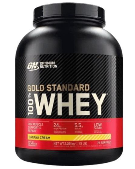 OPTIMUM NUTRITIOM - GOLD STANDARD 100% WHEY | אבקת חלבון בטעם קרם בננה | ללא תוספת סוכר | 24 גרם חלבון | 5.5 חומצות אמינו מסועפות | 2.28 ק"ג | 76 מנות הגשה