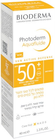 קרם הגנה גבוהה מפני השמש על בסיס מים  +SPF50 | ללא גוון | 40 מ"ל | פוטודרם אקוופלואיד