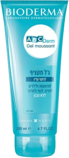 ג'ל מקציף לניקוי עדין | לתינוקות וילדים | לפנים, לגוף ולשיער | ללא סבון | מכיל 200 מ"ל | ABCDerm | BIODERMA | ביודרמה