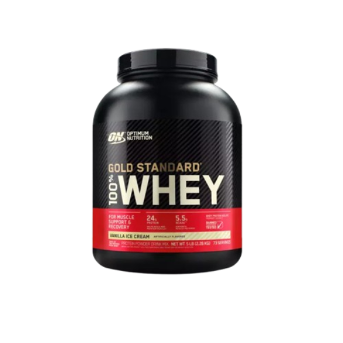 OPTIMUM NUTRITIOM - GOLD STANDARD 100% WHEY | אבקת חלבון בטעם גלידת וניל | ללא תוספת סוכר | 24 גרם חלבון | 5.5 חומצות אמינו מסועפות | 2.28 ק"ג | 76 מנות הגשה