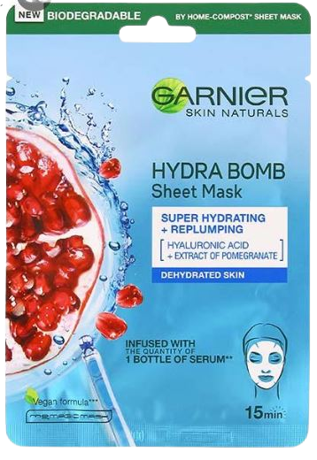 HYDRA BOMB מסכת פנים חד פעמית - לחות אינטנסיבית עם רימון וחומצה היאלורונית | גארנייר