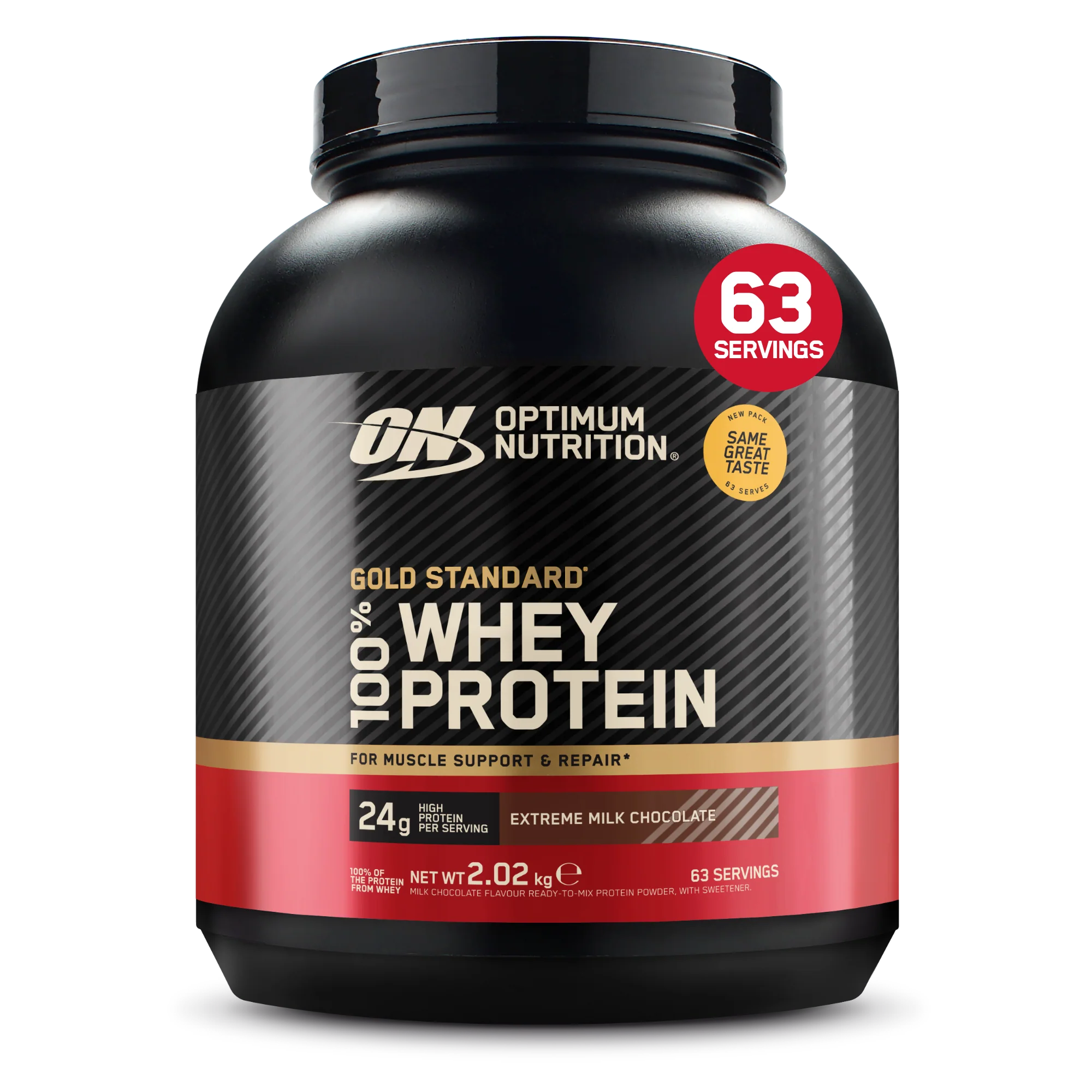 אבקת חלבון מי גבינה Gold Standard 100% Whey בטעם שוקולד חלב אקסטרים – אופטימום נוטרישן Optimum Nutrition – ‏2.02 ק"ג, 63 מנות