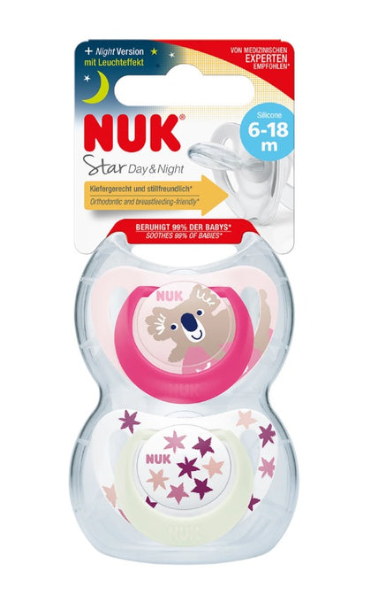 זוג מוצצי סטאר דיי&נייט NUK Star Day&Night | סיליקון 6-18 חודשים | עם אפקט זוהר בחושך |