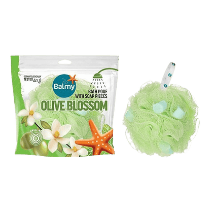 Balmy | ספוג רחצה עם סבון | פריחת זית | Balmy — Olive Blossom (Bath Pouf with Soap Pieces)