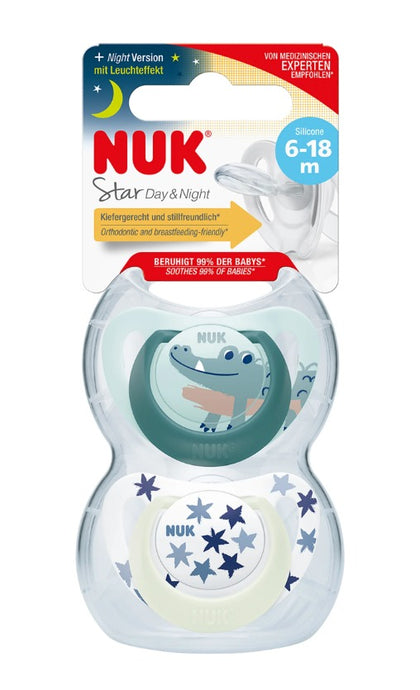 זוג מוצצי סטאר דיי&נייט NUK Star Day&Night | סיליקון 6-18 חודשים | עם אפקט זוהר בחושך |