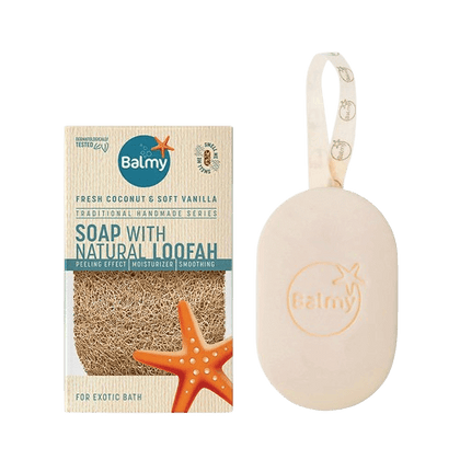 סבון עם לופה טבעית | סדרת עבודת יד מסורתית | קוקוס טרי ווניל רך | 125 גרם | Balmy | Soap With Natural Loofah | Fresh Coconut & Soft Vanilla
