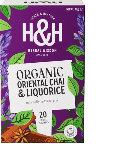 חליטת תה אורגני צ'אי וליקוריץ - שוש קירח | 20 שקיקים | HEATH & HEATHER | ORGANIC | ORIENTAL CHAI & LIQUORICE |