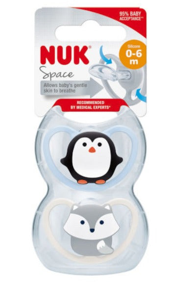 זוג מוצצי נוק ספייס NUK Space | סיליקון 0-6 חודשים | לבן - כחול | 