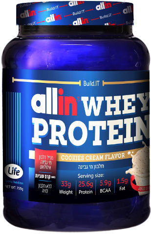allin whey protein | אבקת חלבון מי גבינה אול אין בטעם בננה | 759 גרם |
